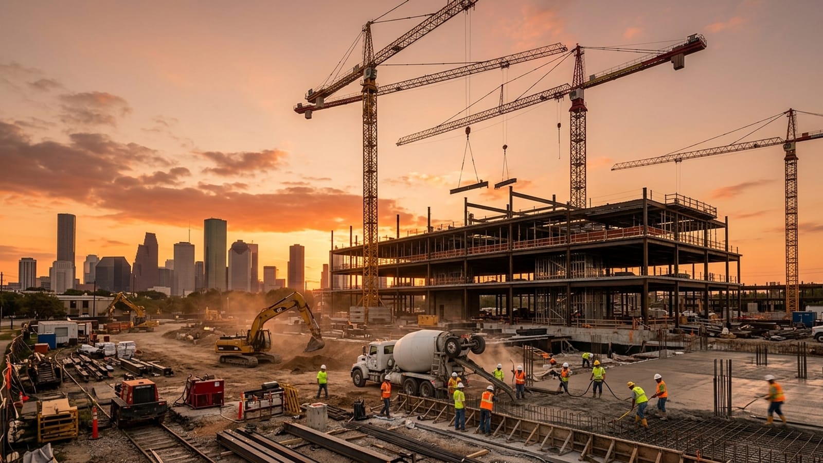 Houston construction site workforce placed by Houston Construction Recruiters — tower cranes lifting steel, excavators and concrete mixer pouring, and workers in hard hats framing a steel commercial building at golden hour